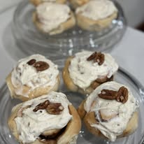 Frosted cinnamon rolls with pecans, made fresh every morning at Bonnie's